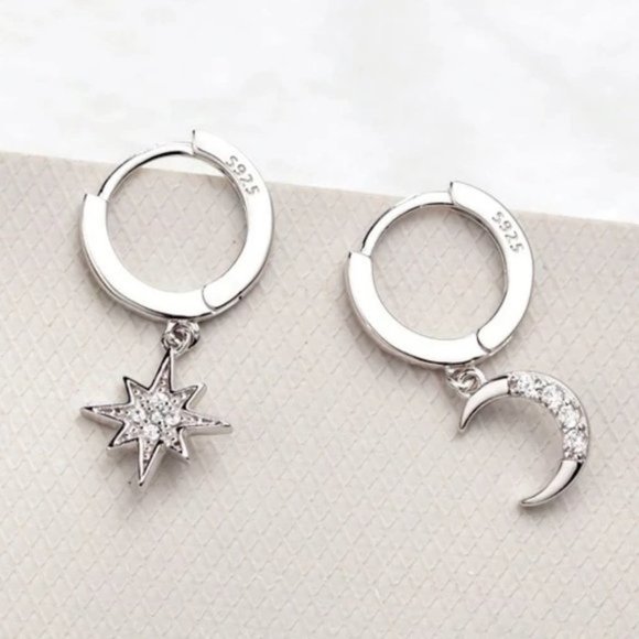 925 Sterling Silver CZ Moon Star Hoop Earrings - Picture 2 of 6